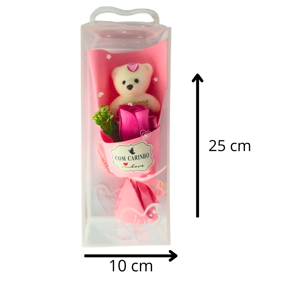 Mini Buquê De Rosa Artificial Com Ursinho Na Caixa - Rosa Mini Buquê De Rosa Artificial Com Ursinho Na Caixa - Rosa